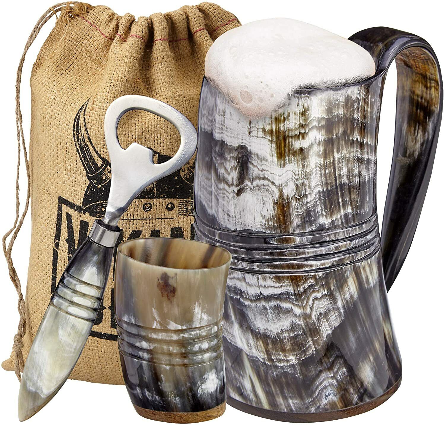 Viking Culture Ox Horn Mug, Shot Glass, and Bottle Opener (3 Pc. Set) \