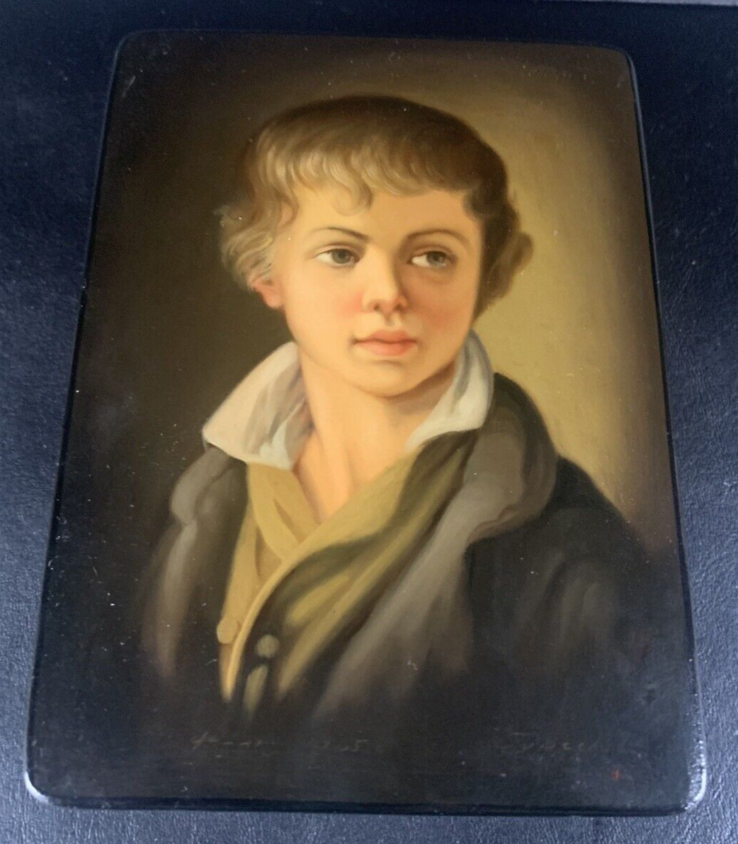 Antique Late 19th Century Russian Black Lacquer Box W/young Boy Portrait