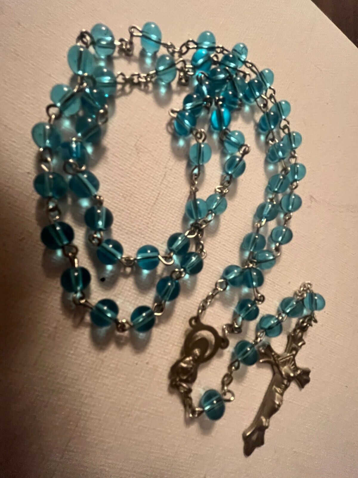 Vintage Handmade Aqua Translucent Glass 6mm Bead Rosary with Marian Center  *