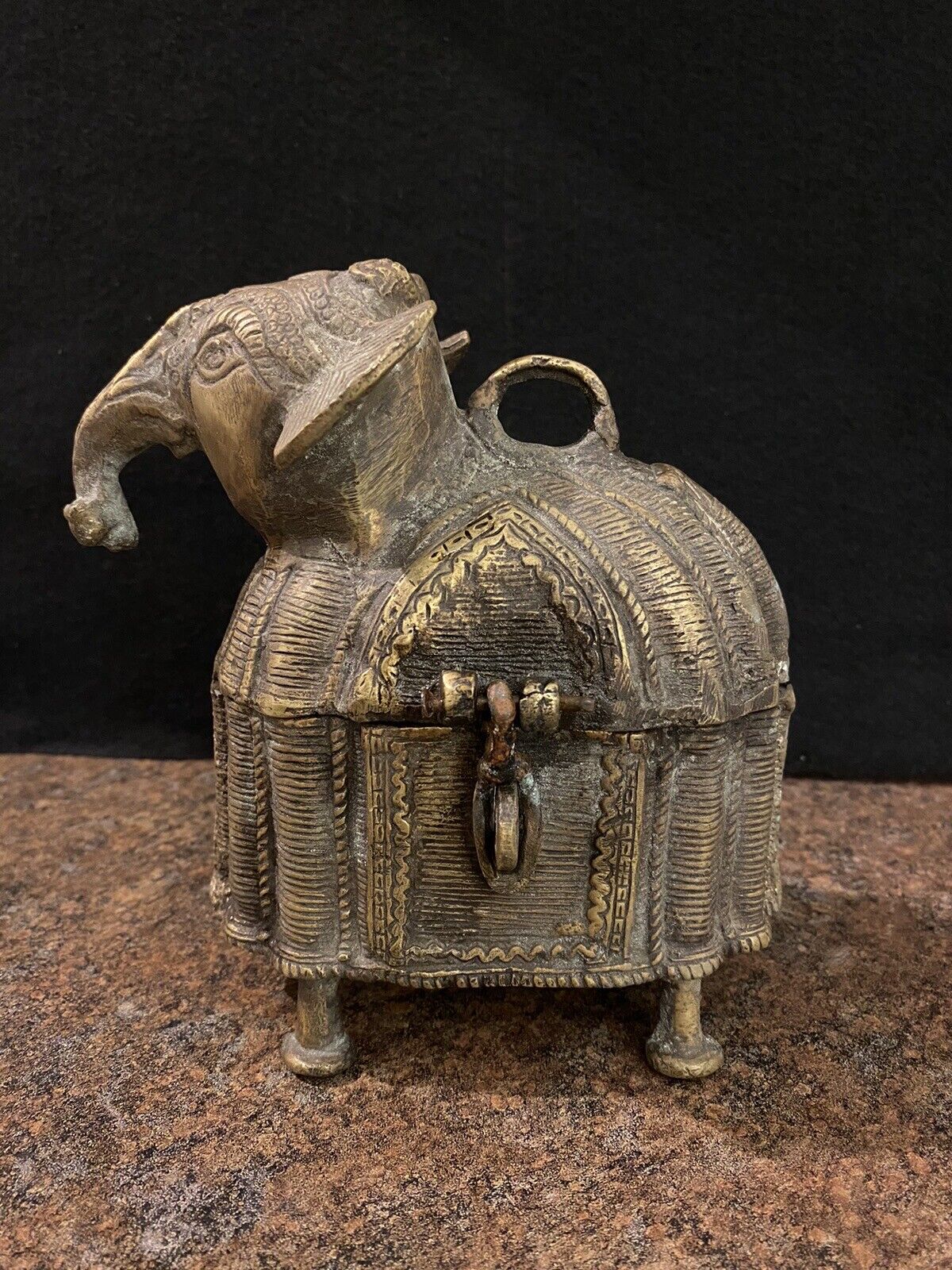 Vintage Dhokra Elephant Large Heavy Trinket Box Brass with Patina