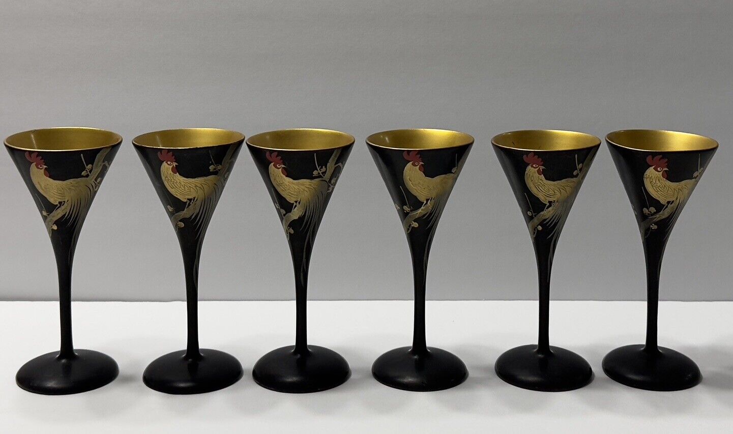 Vintage Set of Japanese Stemmed WOODEN Sake Cups - Black/Gold Lacquer