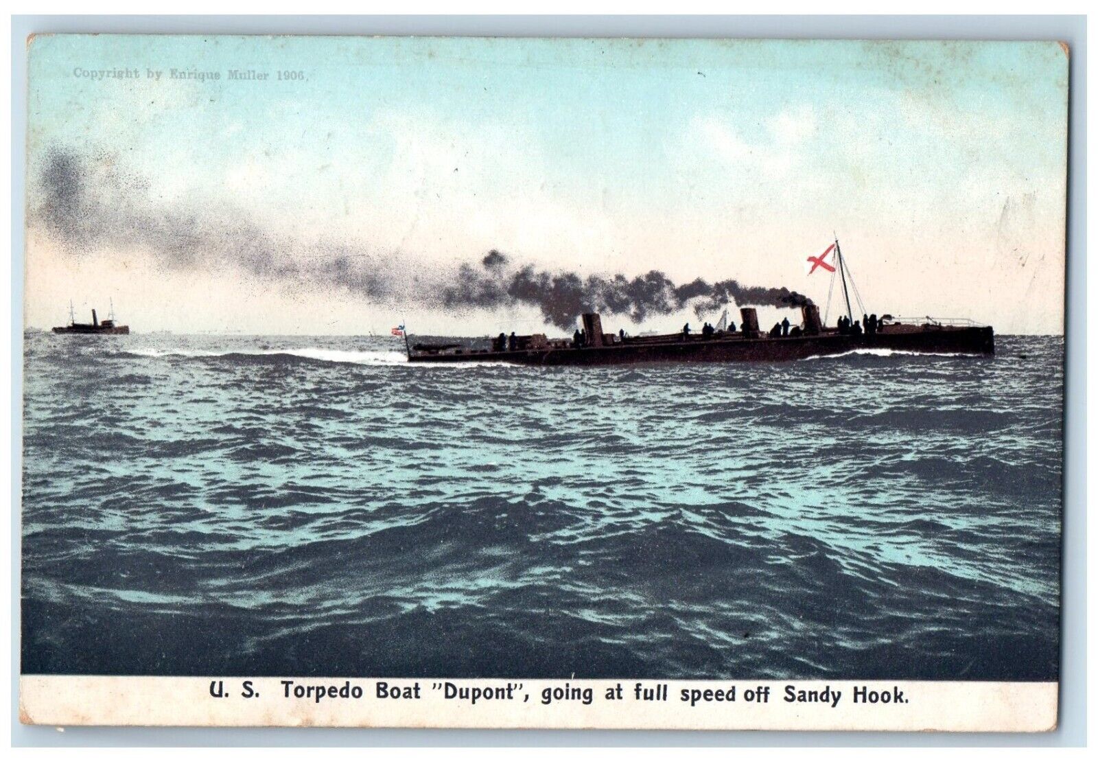 c1907 US Torpedo Boat Dunpont Going Full Speed Off Sandy Hook Steamer Postcard