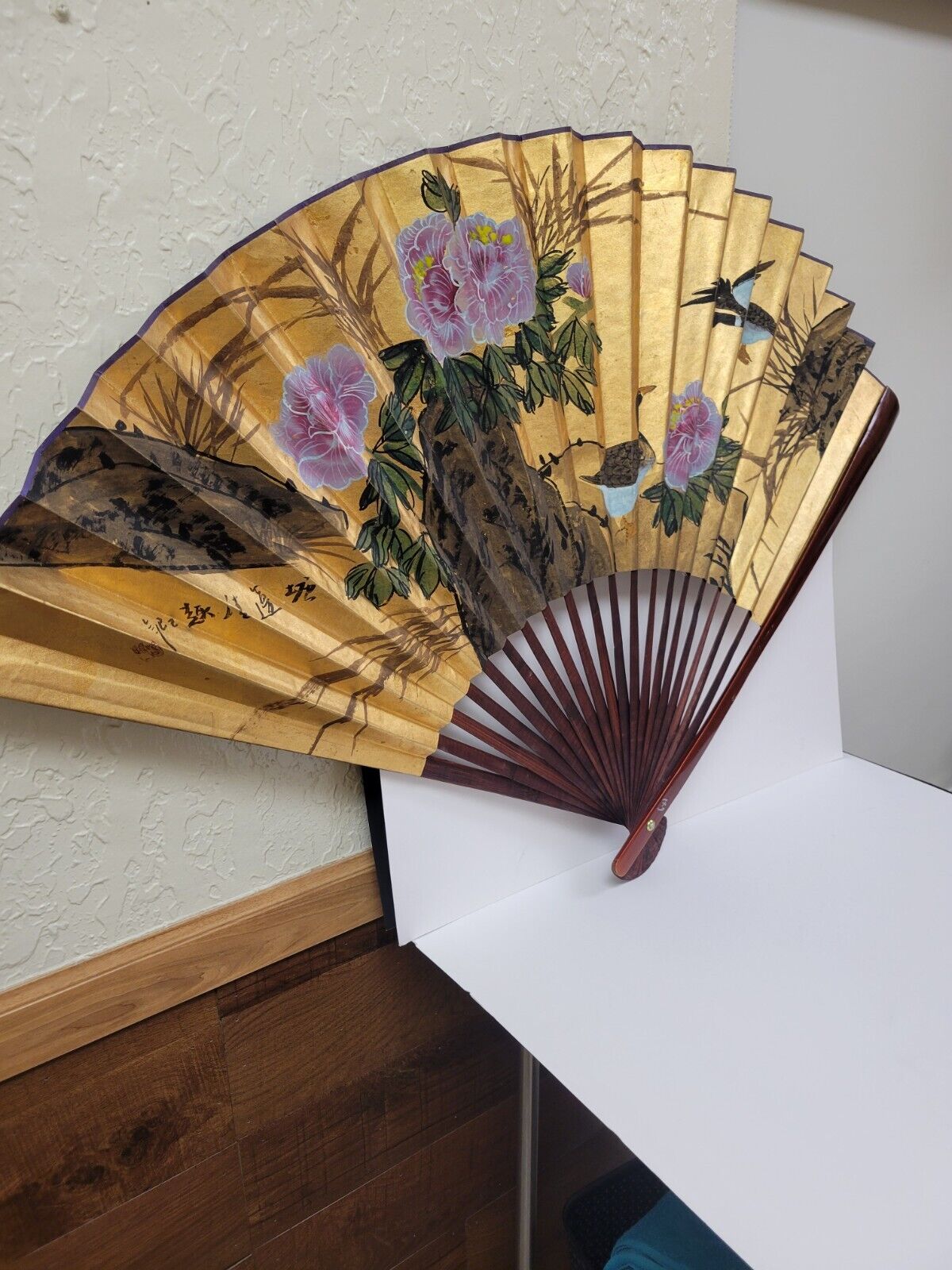 Large Asian Gold Leaf Folding Fan Wall Art Birds Floral Chinese Vintage Decor