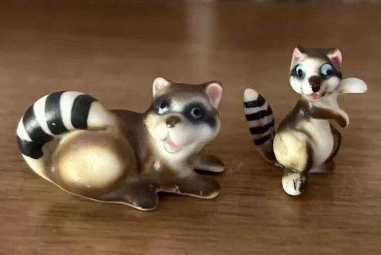 (2) Vintage Small Miniature Raccoon Figurines Bone China Pair Set