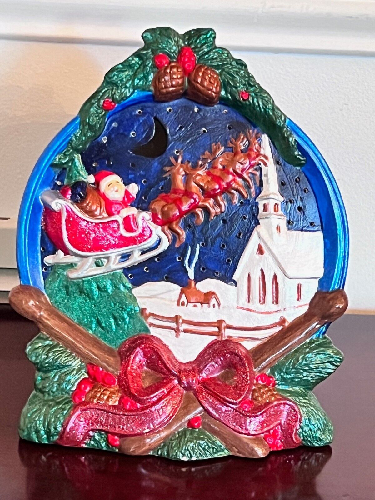 Vintage Christmas Drum Santa in Sleigh Ceramic Village Light Up Scene Handmade