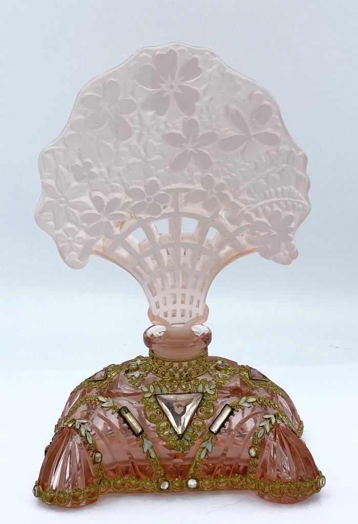 Vintage Pink Czech Glass Jeweled, Enameled & Gold Filigree Perfume Bottle