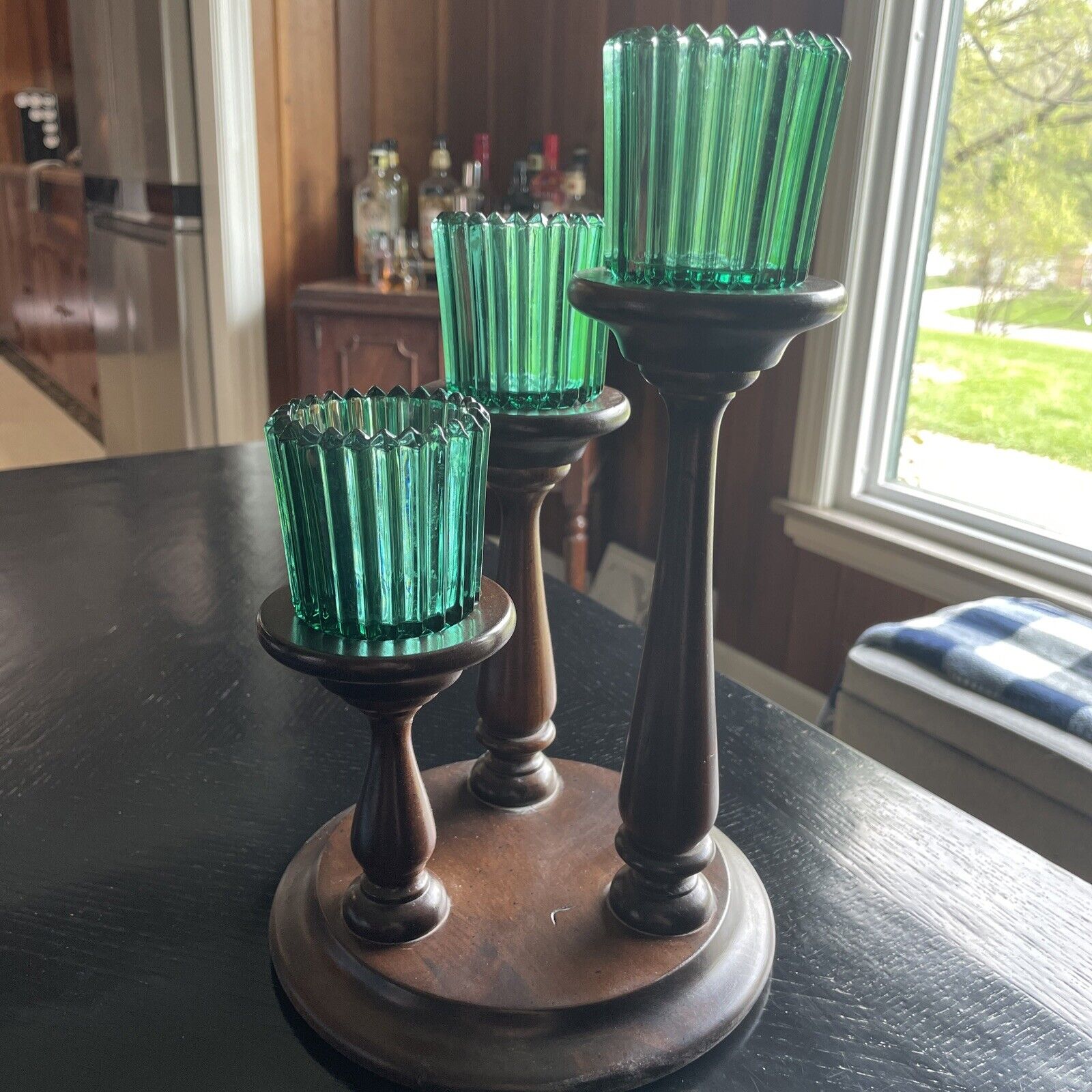 Vintage Charles Lesters MCM Wood 3 Candlestick Holder 3 Votive Cups Green