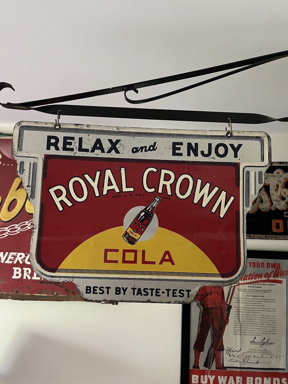 1939 Royal Crown Cola Bracket Soda Sign -RARE- Pre-WW2