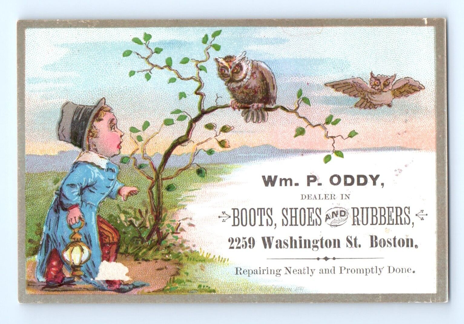 William P. Oddy Boots Shoes Trade Card Boston MA Owls Traveling Salesman VTG Ad
