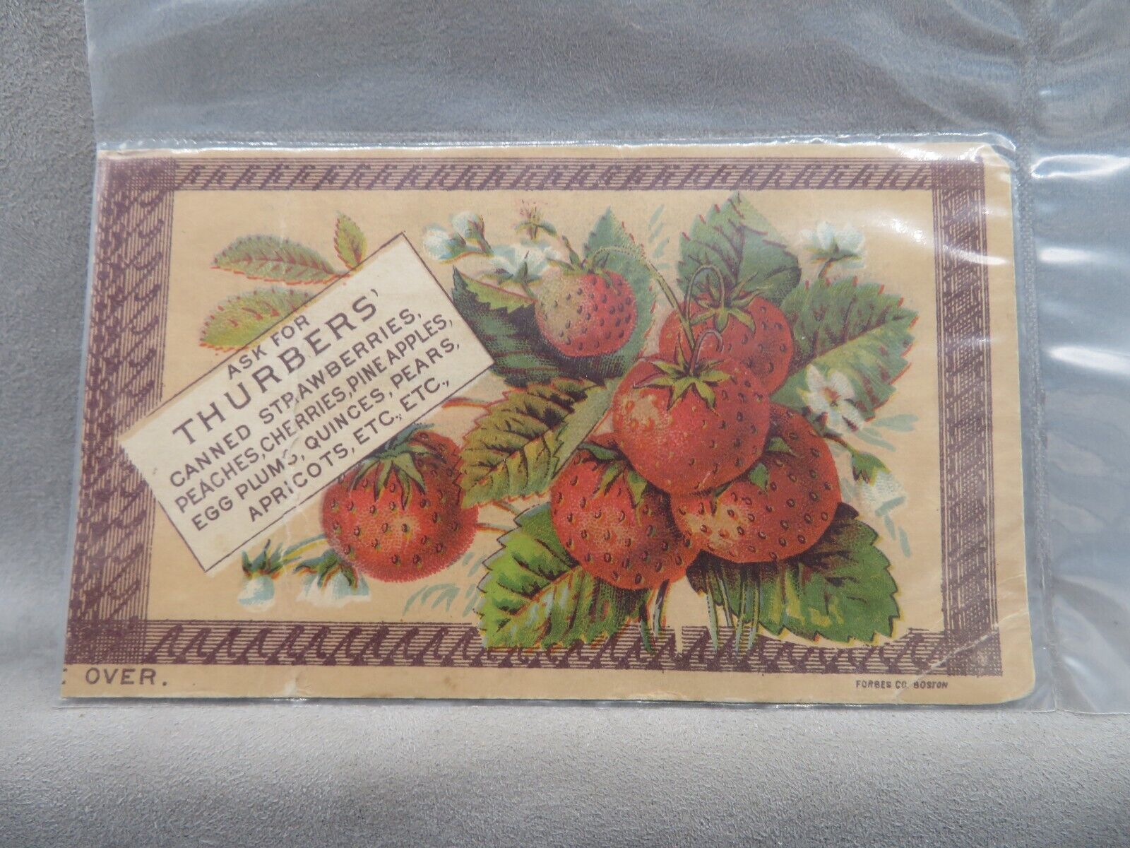 Vintage THURBERS Canned Strawberries Peaches Cherries, etc. Forbes Trade Card
