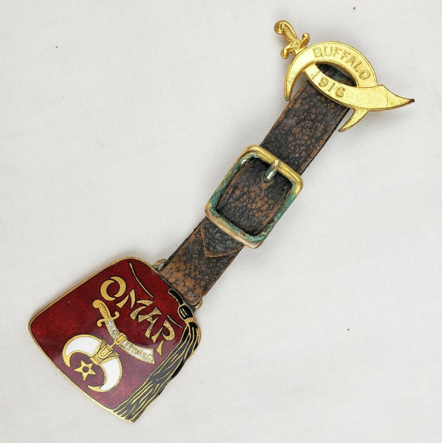Rare Antique 1916 Masonic Shriners Watch Fob Omar Charleston SC Old Sword Emblem