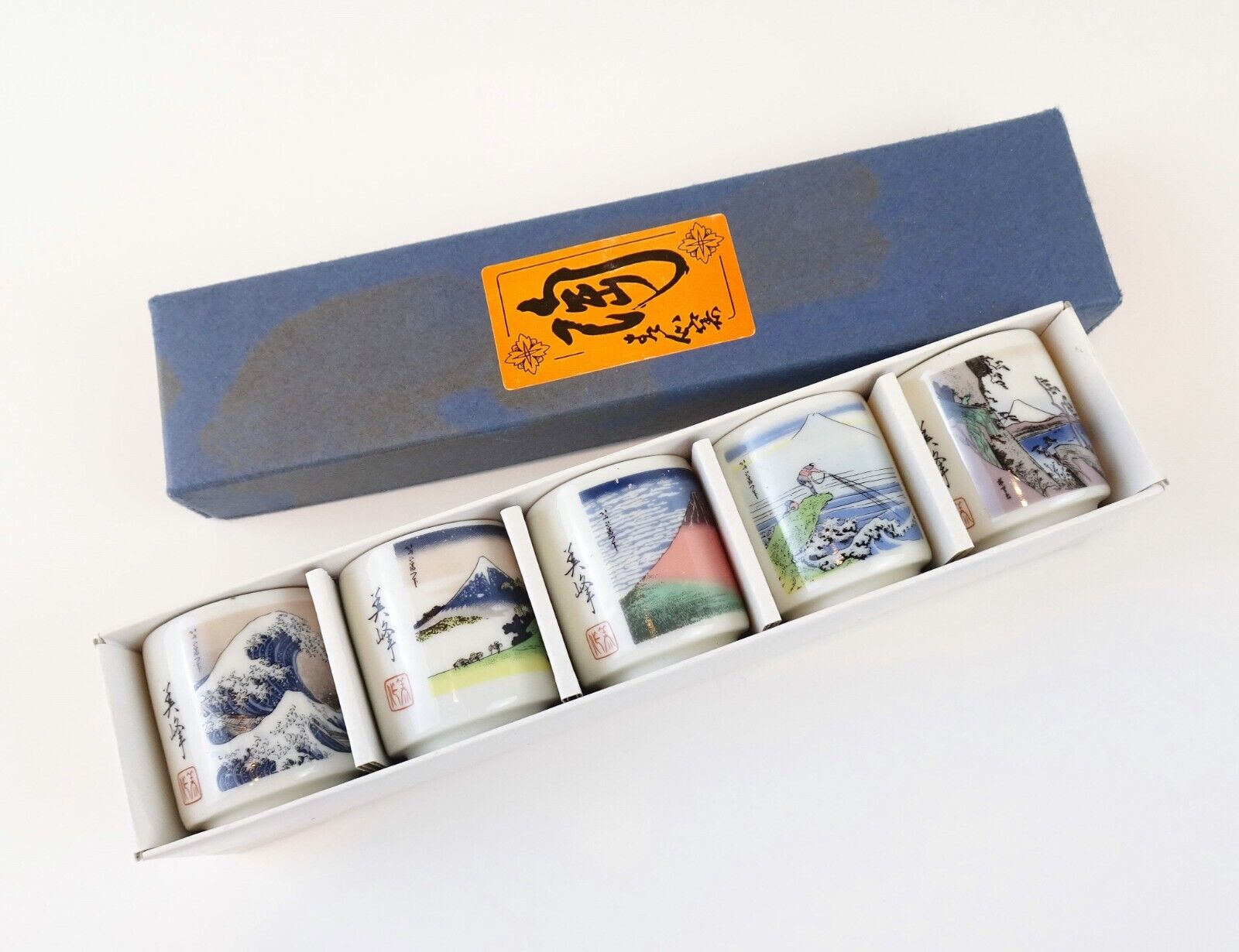 Vintage JAPANESE Sake Cups Set of 5 Landscape Scenes Original Box