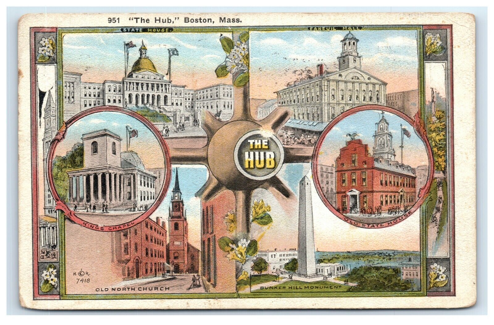 Postcard The Hub, Boston MA multi-view Kings Chapel State House Faneuil 1921 H6