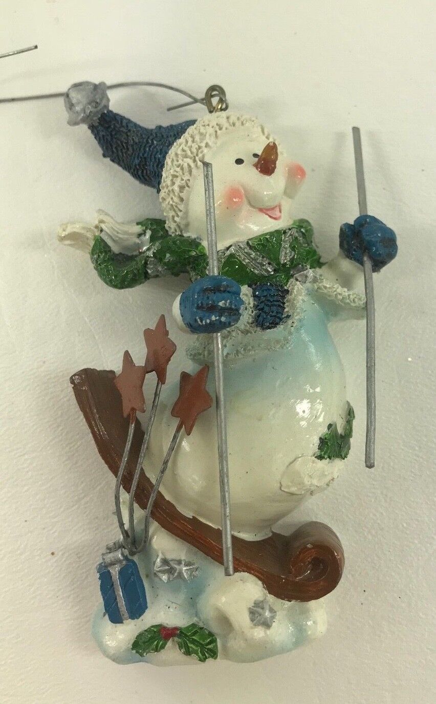 Resin Snowman on Skis Holiday Christmas Ornament Blue