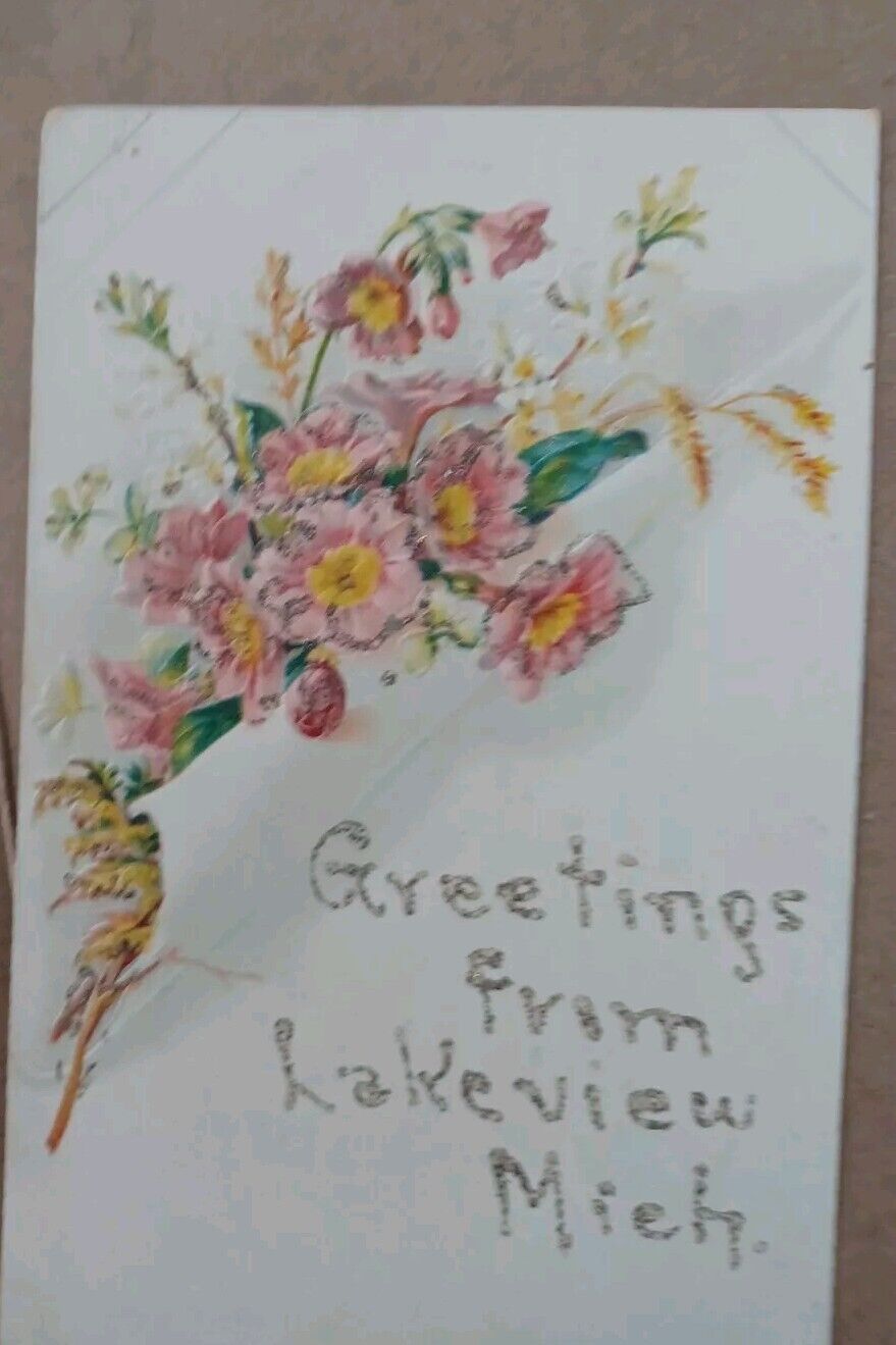 Antique Embossed and Glittered Greetings From Lakeview, Michigan Postcard 