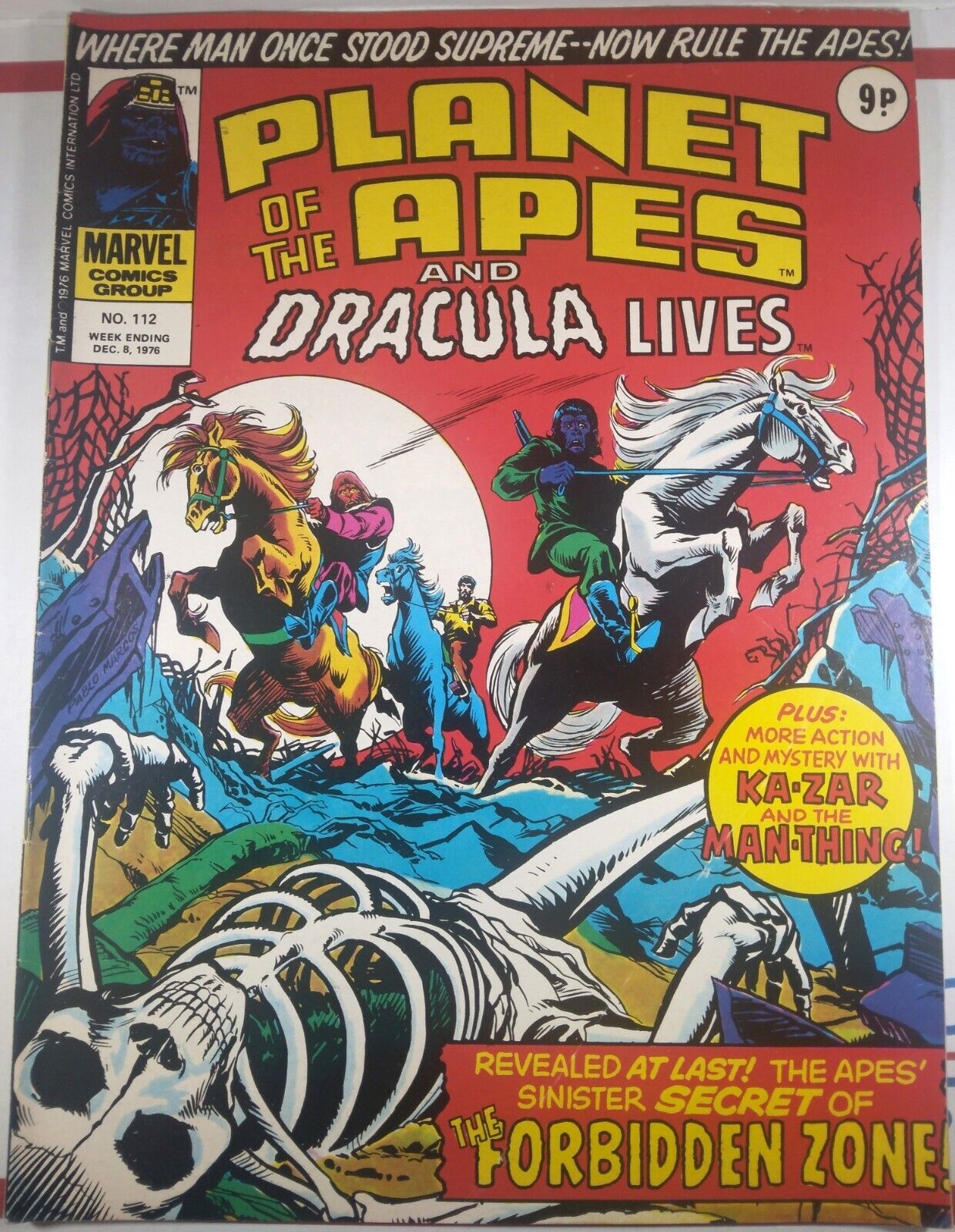 💥 PLANET OF THE APES AND DRACULA LIVES #112 MARVEL UK 1976 KA-ZAR MAN-THING FN-