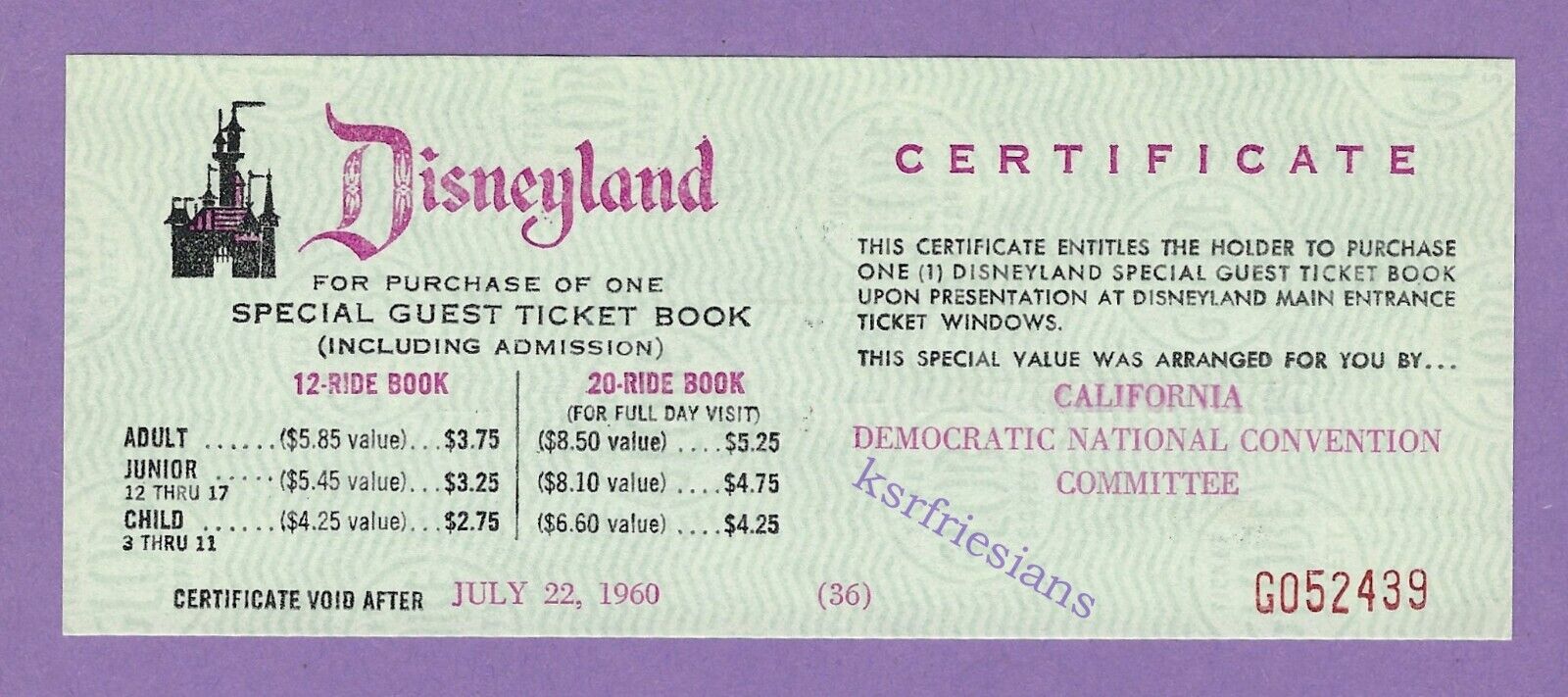 1960 DISNEYLAND Democratic National Convention Certificate DISNEY TICKET PASS