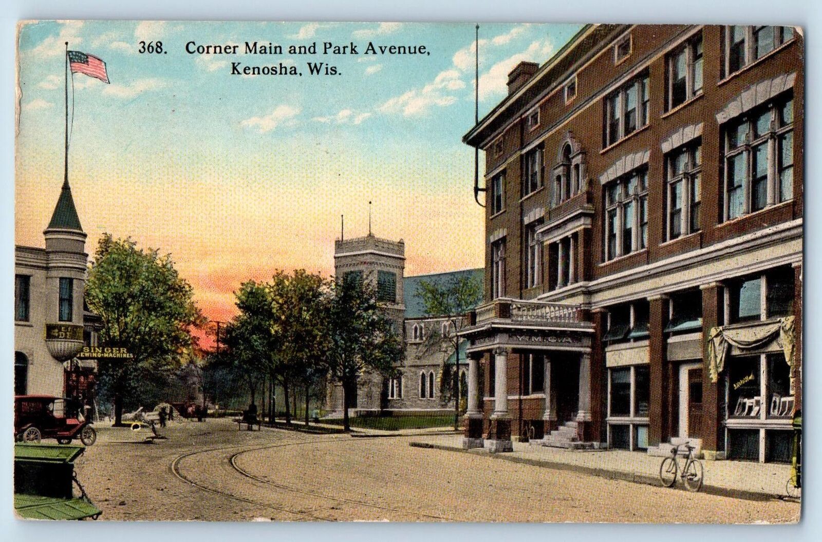c1910's Corner Main & Park Avenue Railway Dirt Road Kenosha Wisconsin Postcard
