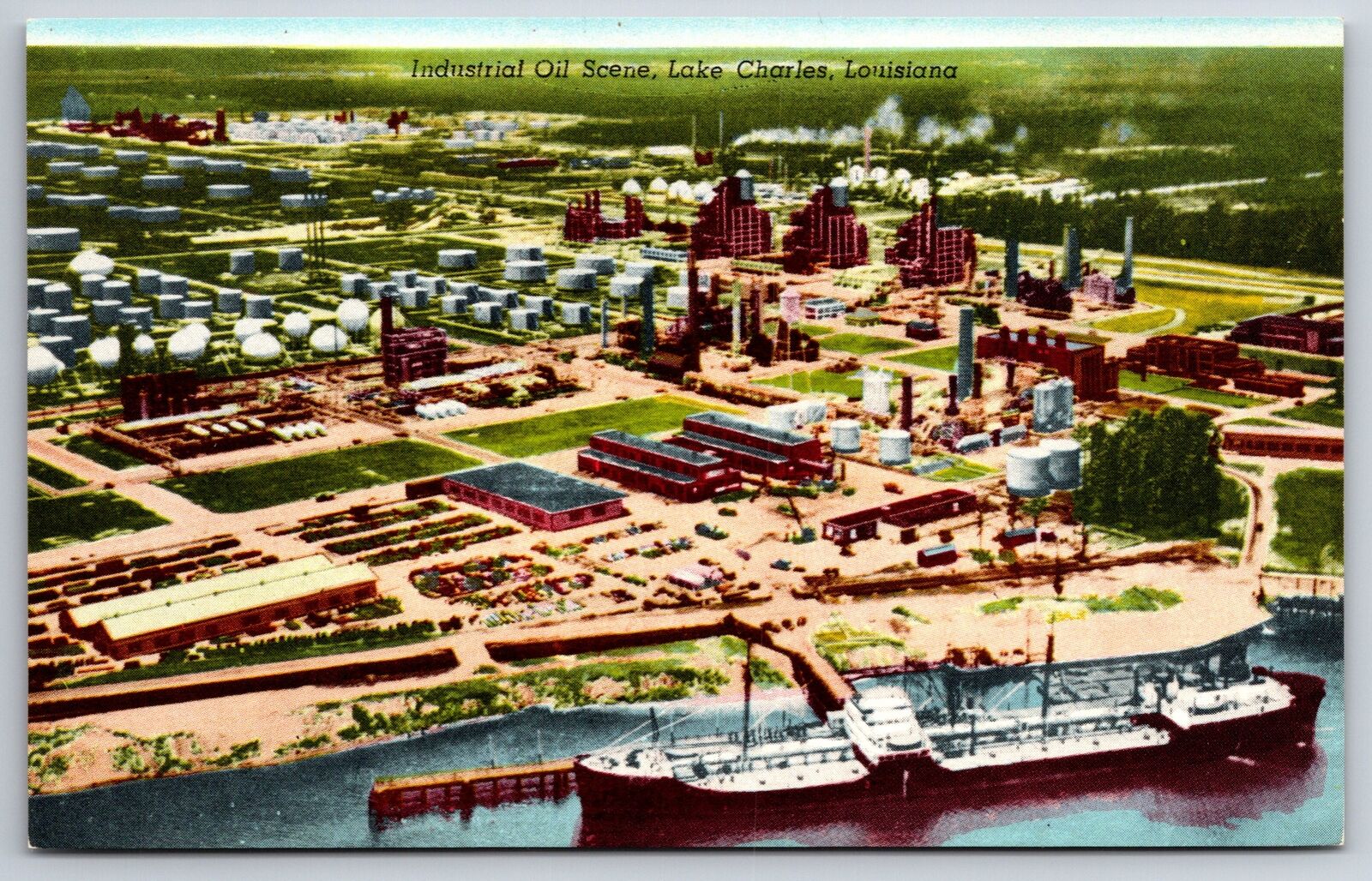 Lake Charles Louisiana~Air View Steamer @ Oil Field~Vintage Postcard
