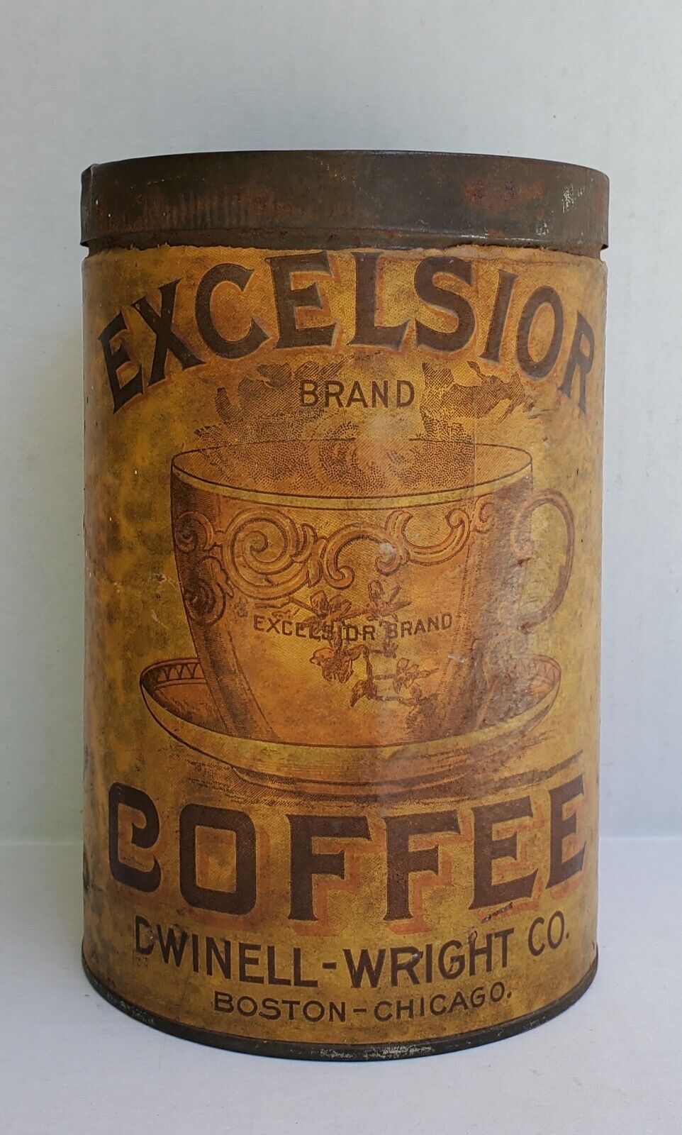 ANTIQUE C.1900 DWINELL WRIGHT & CO. BOSTON COFFEE Excelsior Tin CAN Paper Label