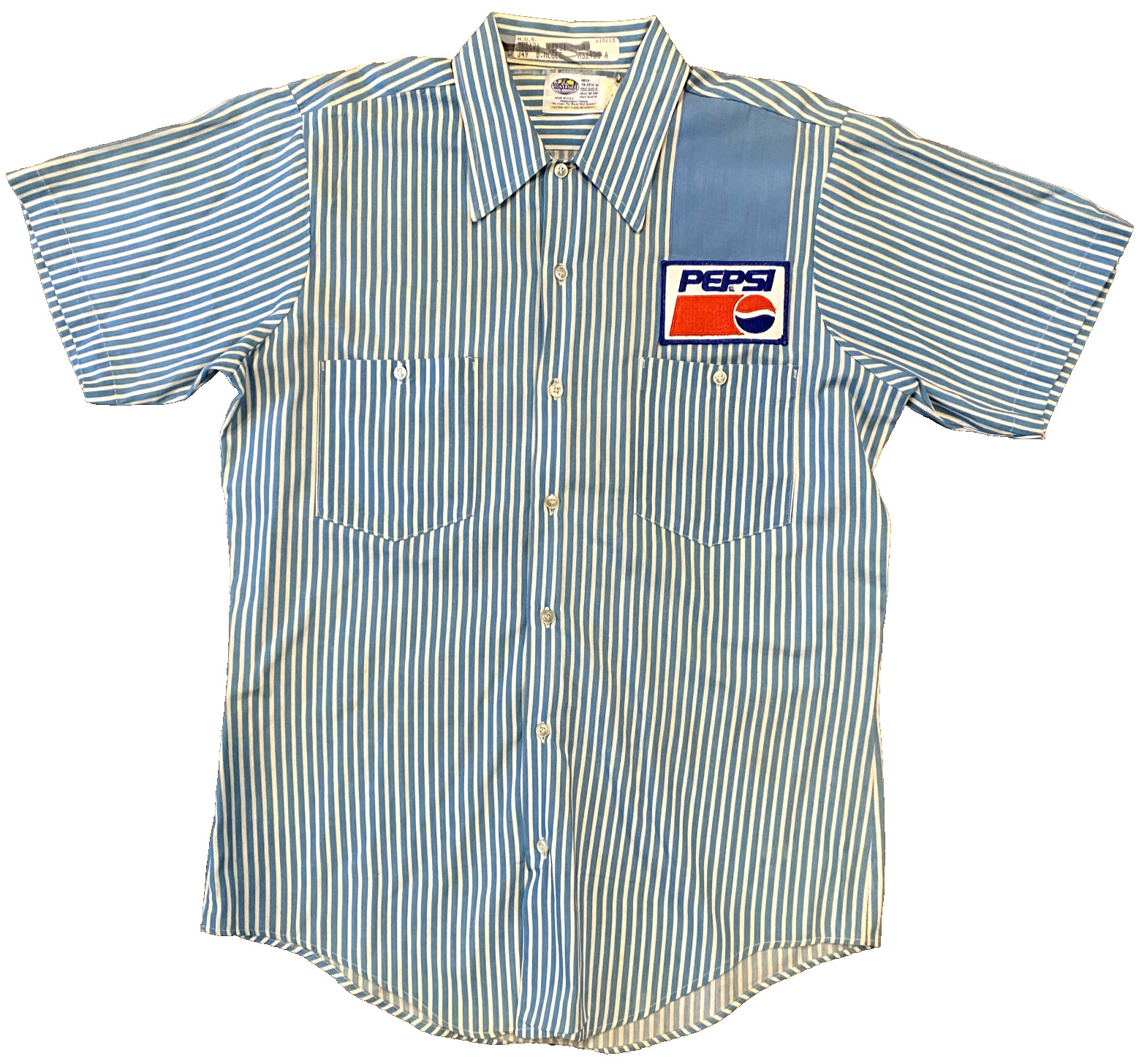 Vintage Riverside Pepsi Work Shirt Striped Button Pocket Employee Mens Patch