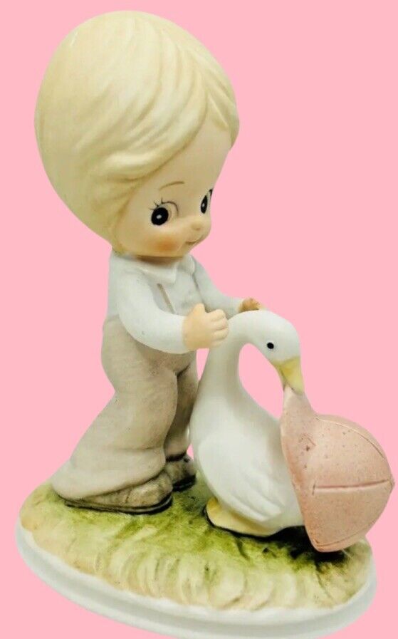 Vintage Lefton China Boy With Goose Duck Pink Hat Figurine Hand Painted 3.5 Inch