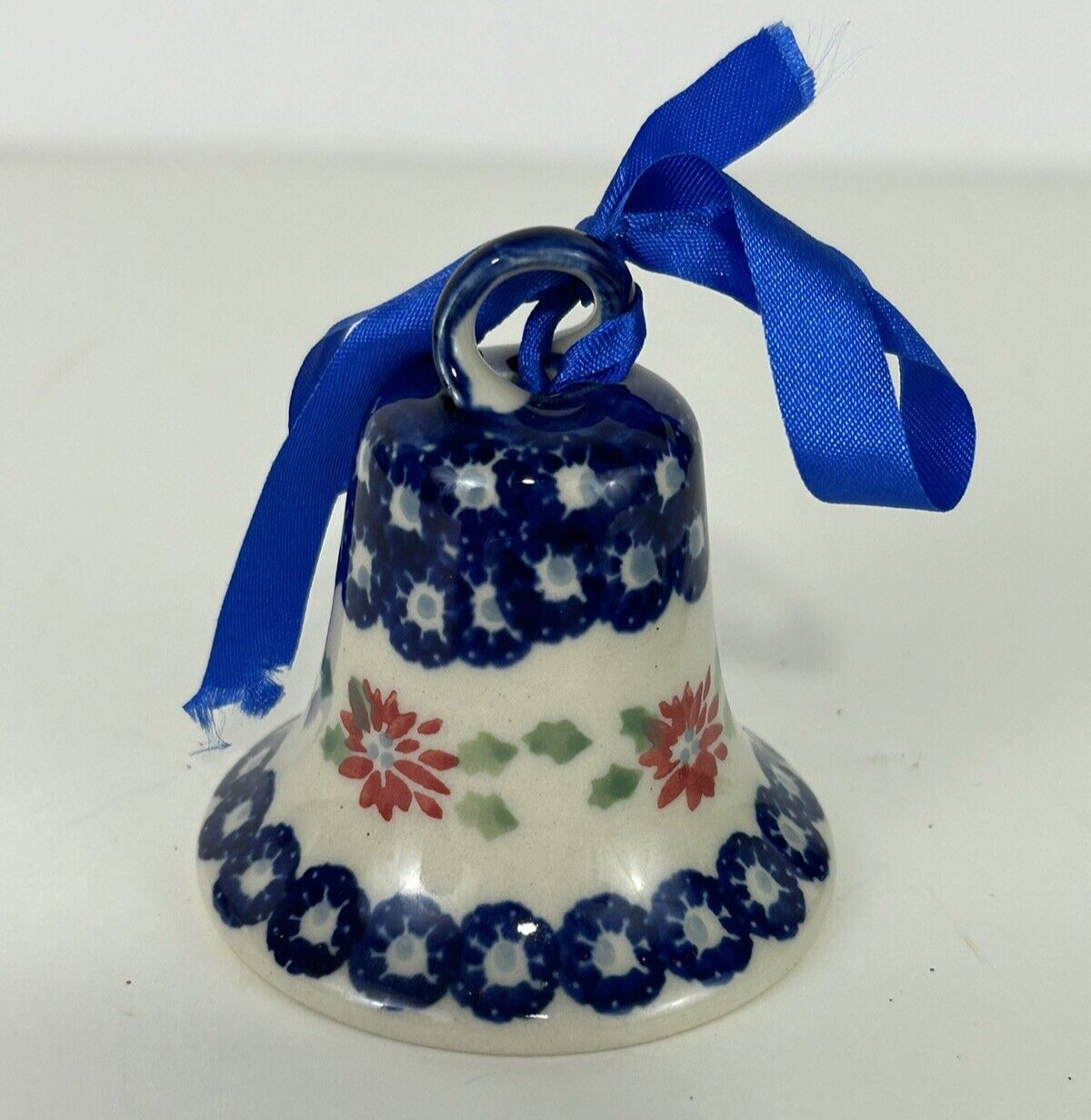 Boleslawiec Polish Pottery Christmas Bell Ornament Poinsettia Hand Crafted 2.5\