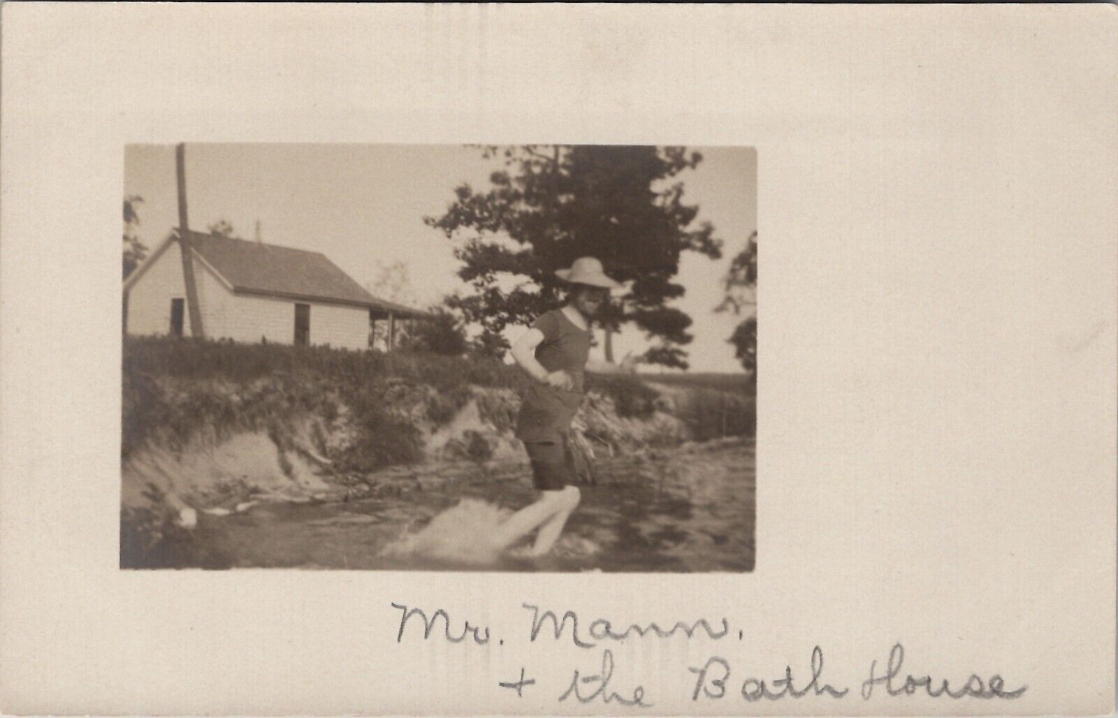 RPPC Man Splashing Edge of Lake Mr Mann and Bath House c1905 Postcard B30
