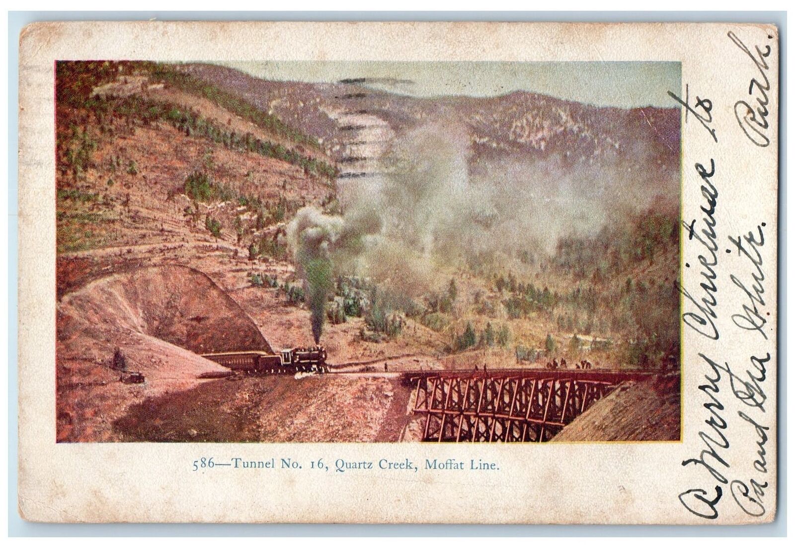 1905 Tunnel No.16 Quartz Creek Smokestack Train Railroad Moffat Line CO Postcard