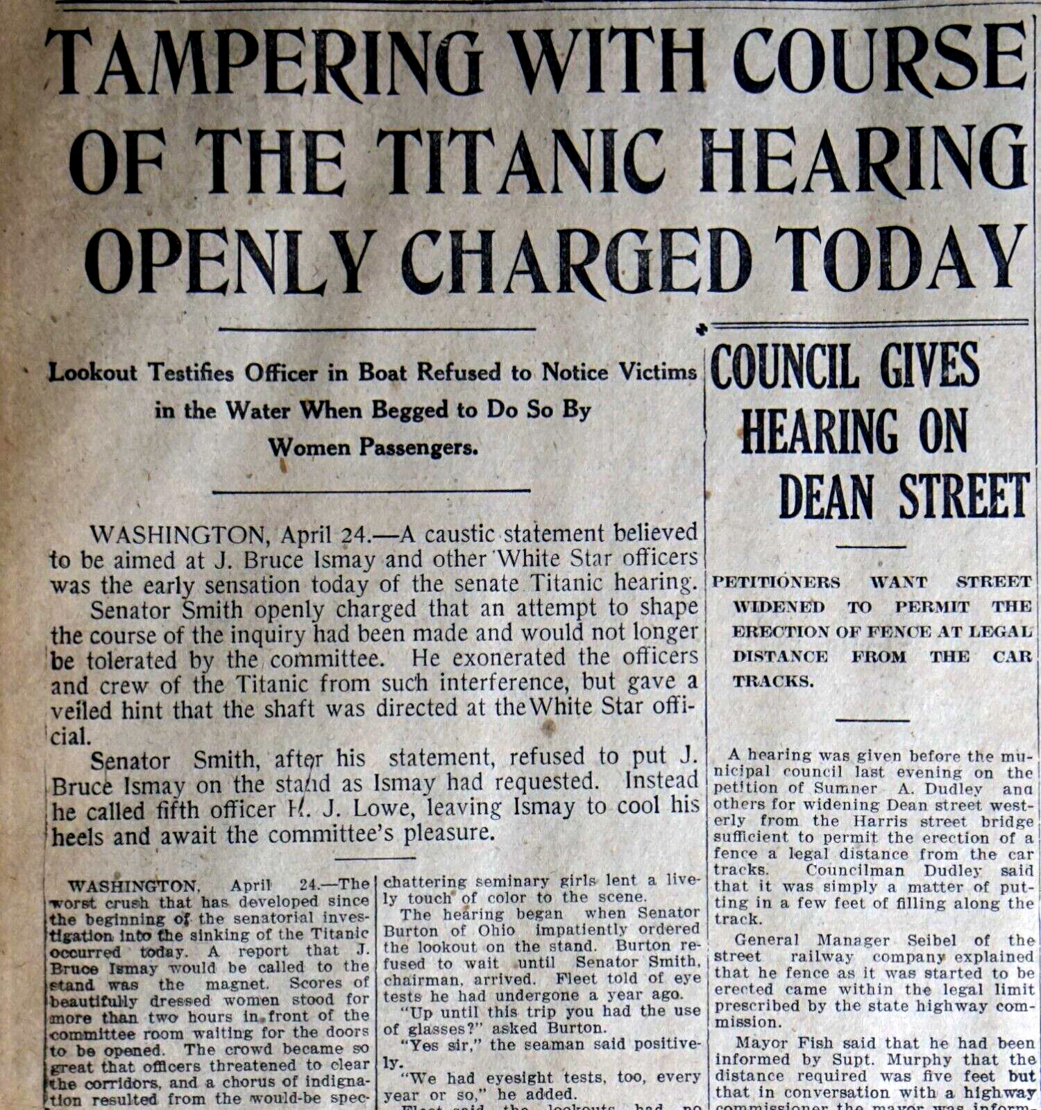 Rare 1912 Newspaper Front Page - U.S. Senate Titanic Investigation