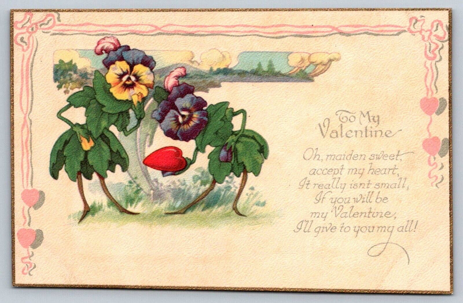 Valentine Anthropomorphic HUMANIZED PANSY FLOWER PEOPLE~Stecher Antique Postcard