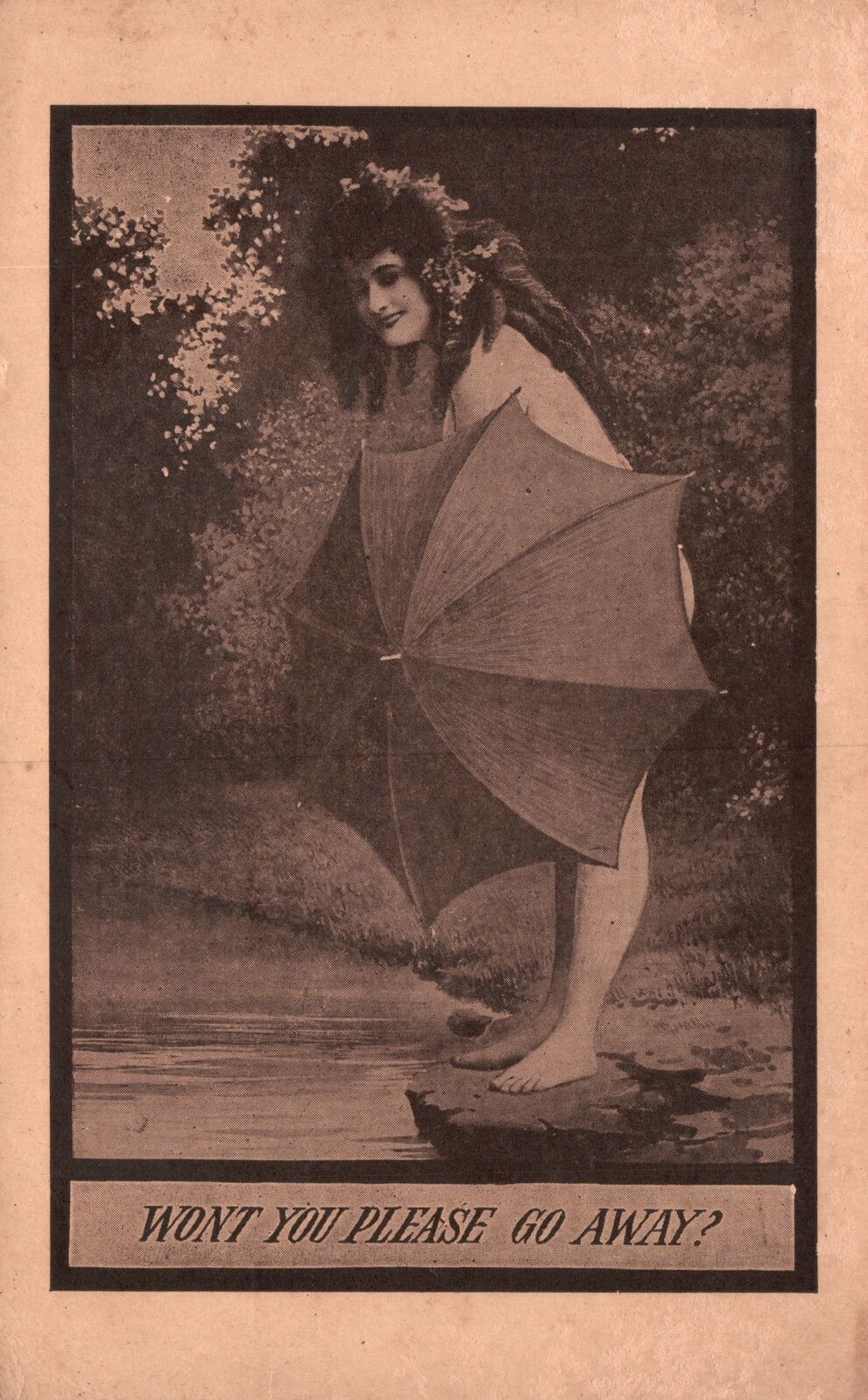Vintage Postcard 1910\'s Won\'t You Please Go Away? Woman Holding Umbrella