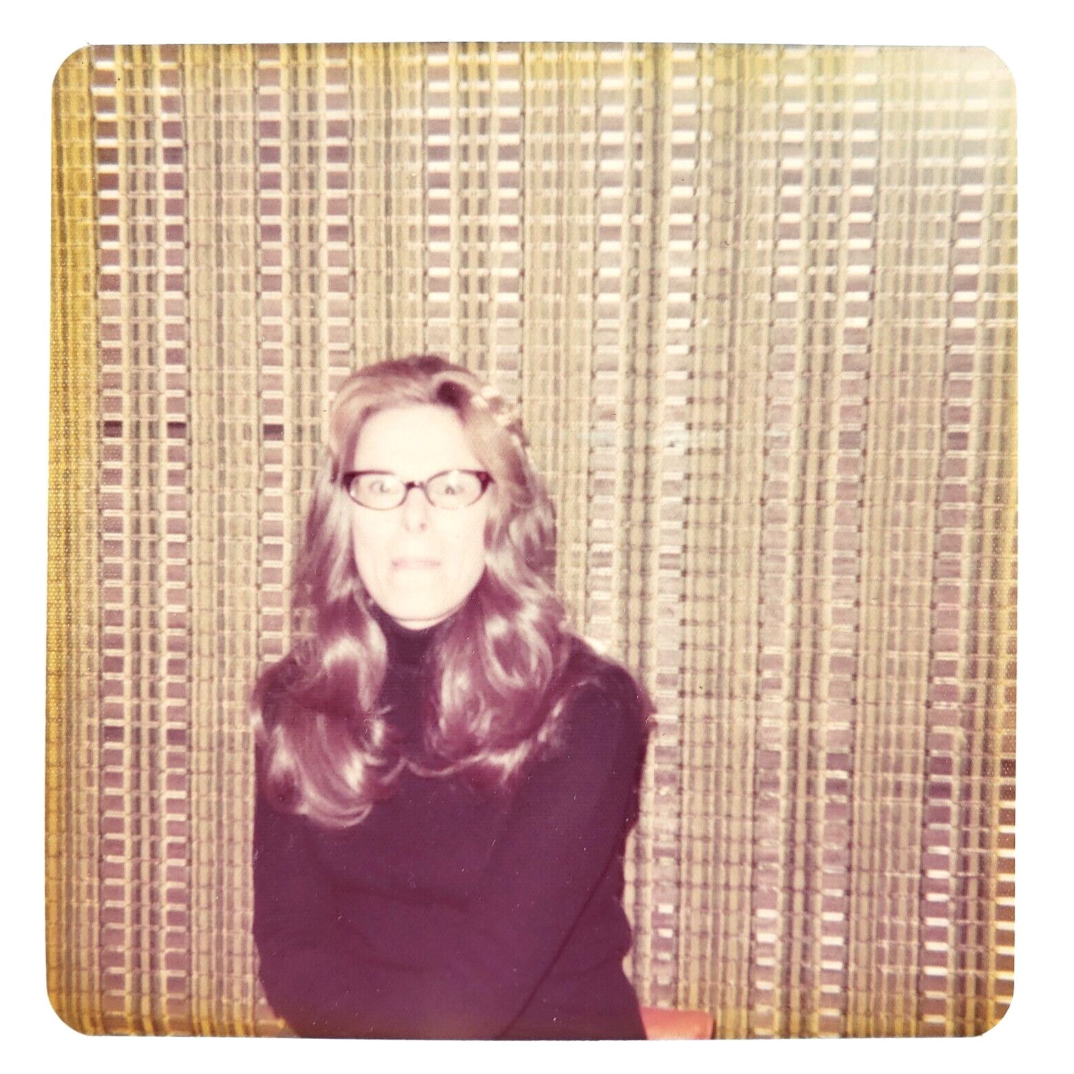 Turtleneck Woman Against Thatch Photo 1970s Long-Haired Lady Snapshot B3500
