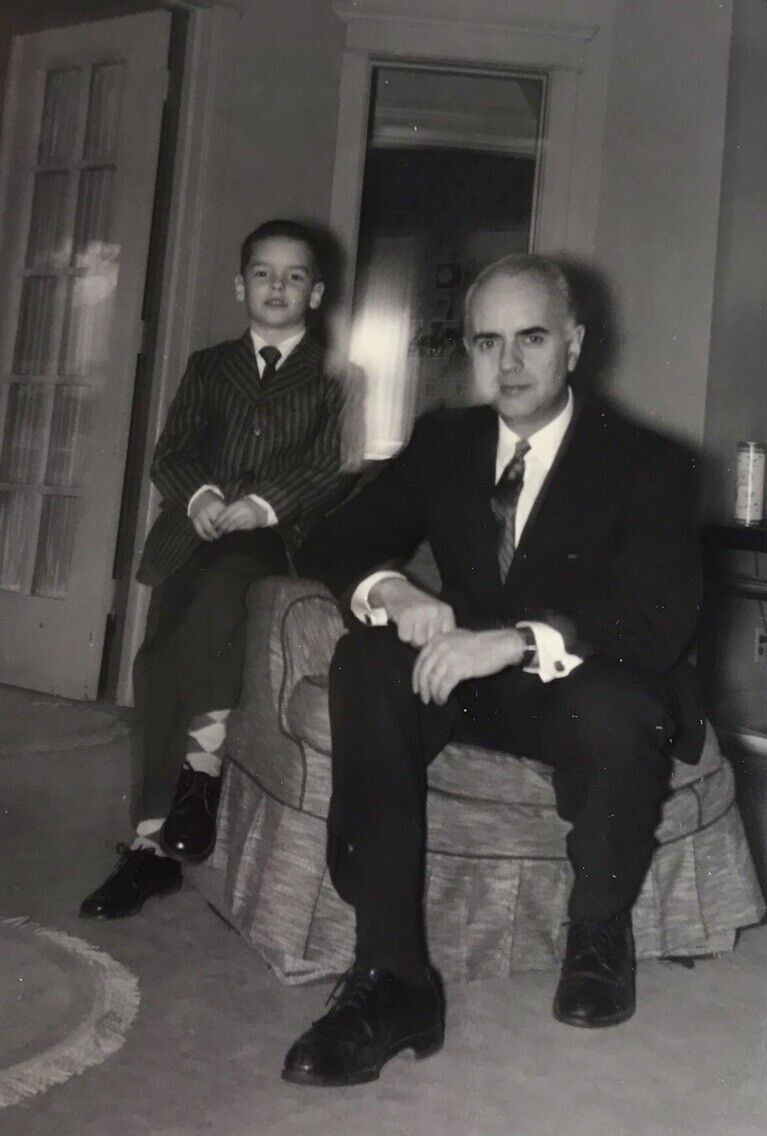 Vintage Photo 1950s Boy Kid Suit Tie Son Father Black White Inside House 3.5 X 5