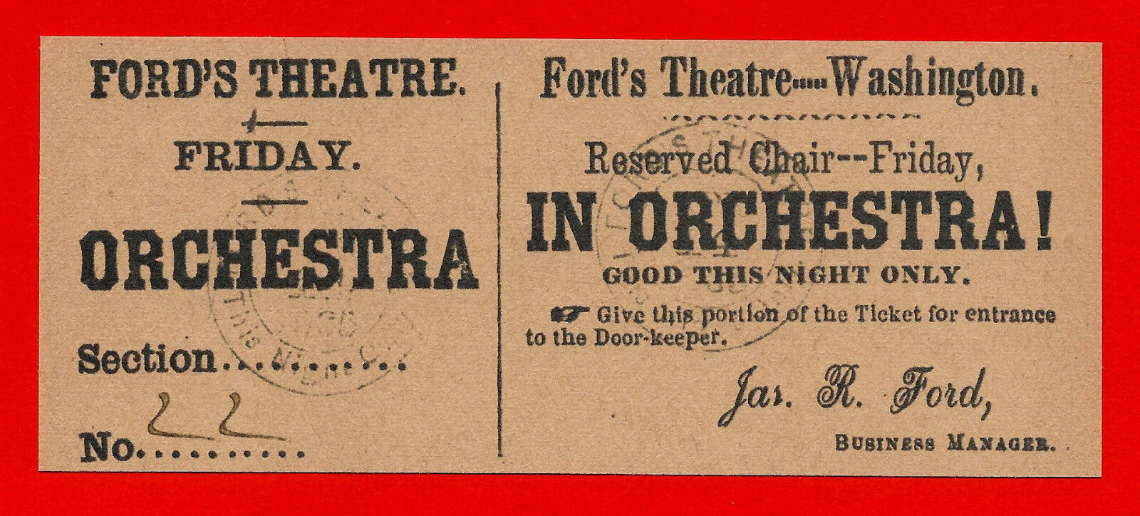 Ford's Theatre Lincoln Assassination Ticket Reprint On 100 Year Old Paper *9045