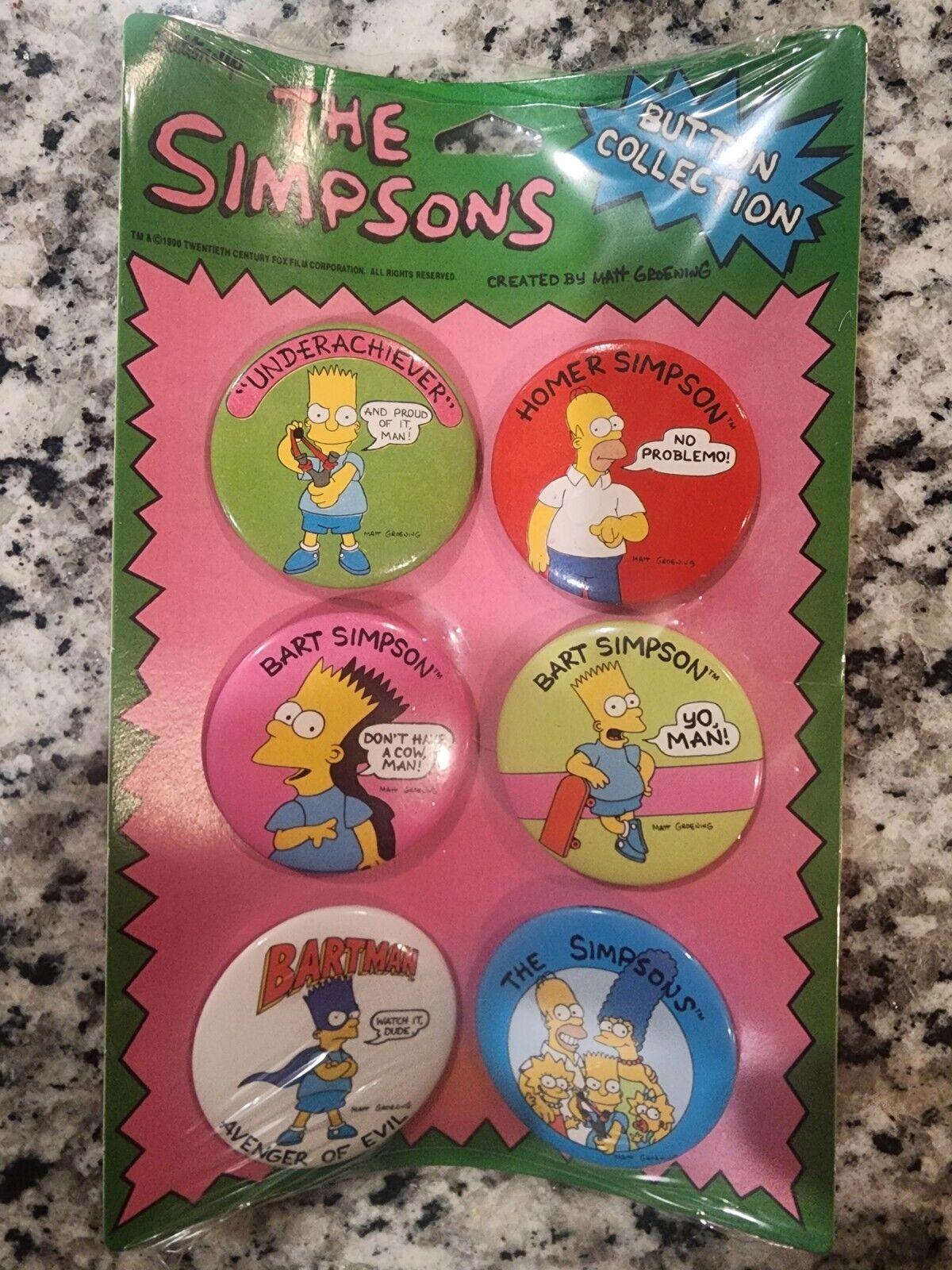 VTG 1990 The Simpsons 6 Button Collection Sealed NOS Homer Bart Pins Set