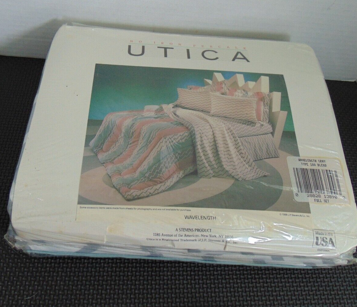 Vtg Utica Full Sheet Set Flat No Iron Percale Sheet Made in USA NOS-wavelength