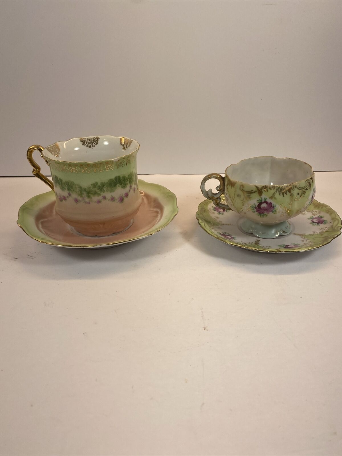 Set of 2 Cups/Saucers Unbranded Shamrock Roses Pastels Green Gold Accent c 1900s