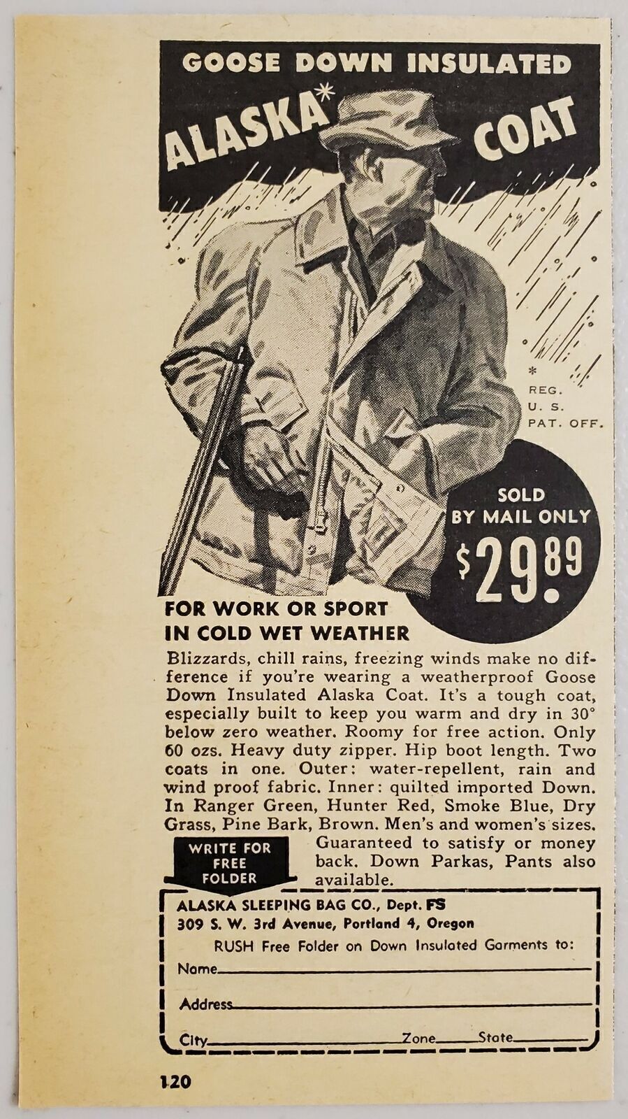 1948 Print Ad Alaska Brand Goose Down Insulated Hunting Coats Portland,Oregon