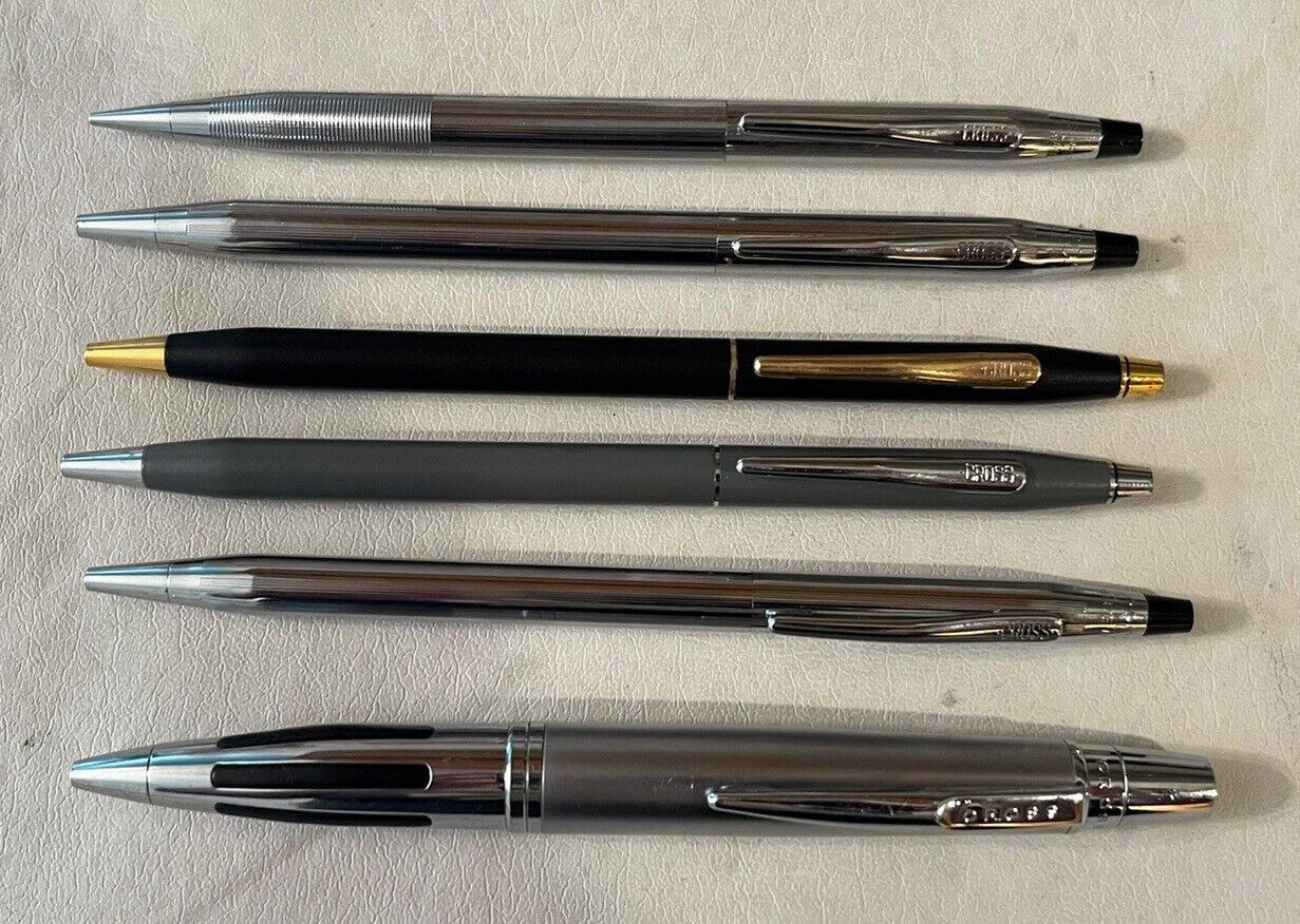 VINTAGE CROSS PENS LOT OF 6 BALL POINT PENCIL CHROME BLACK FAT GRAY SILVER