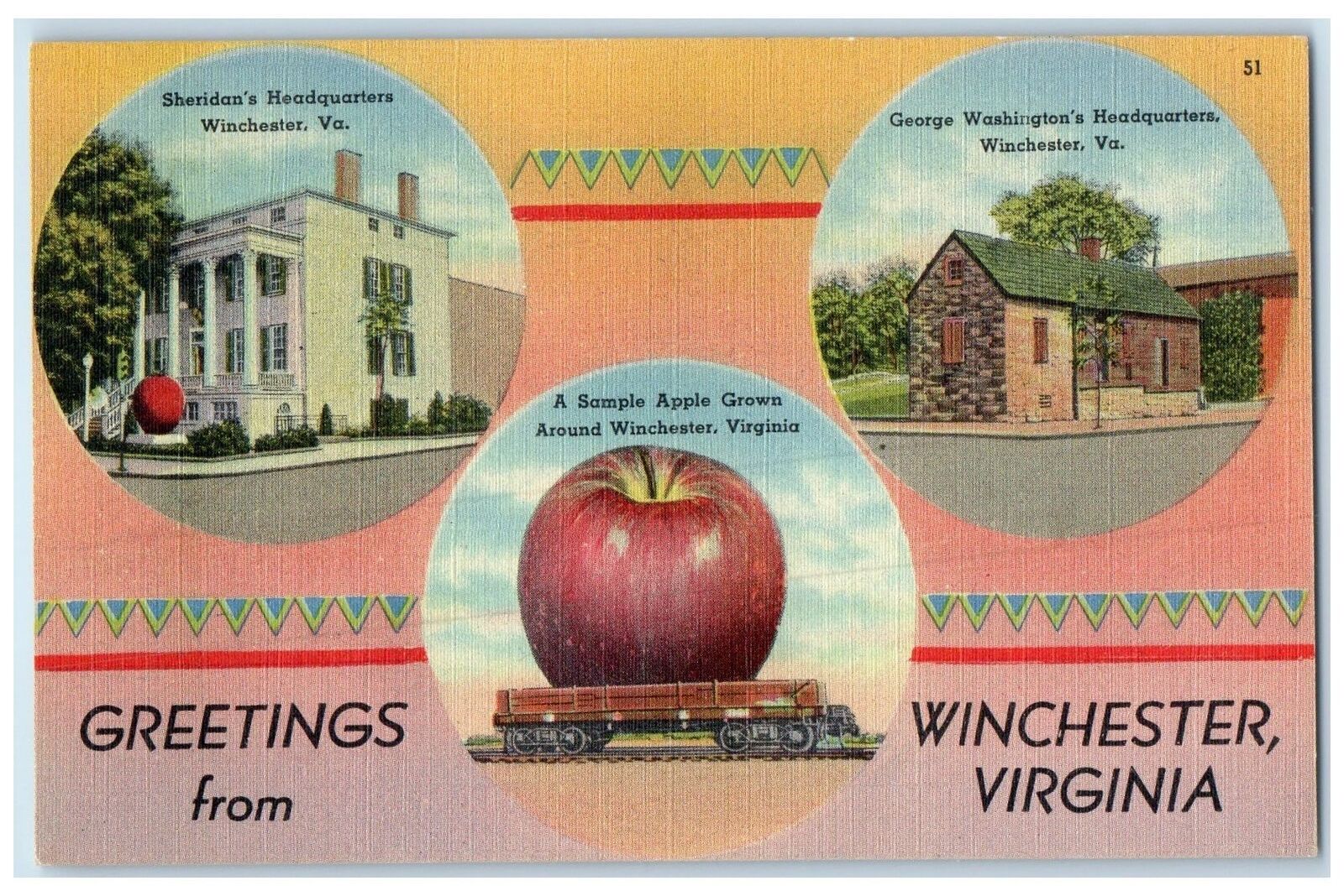 c1940 Greetings From Winchester Multiple View Apple Grown Virginia VA Postcard