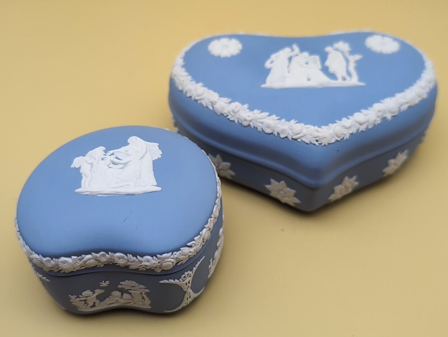 SET OF 2: Wedgwood England Blue Jasperware Small Heart TRINKET BOX BOXES 3\
