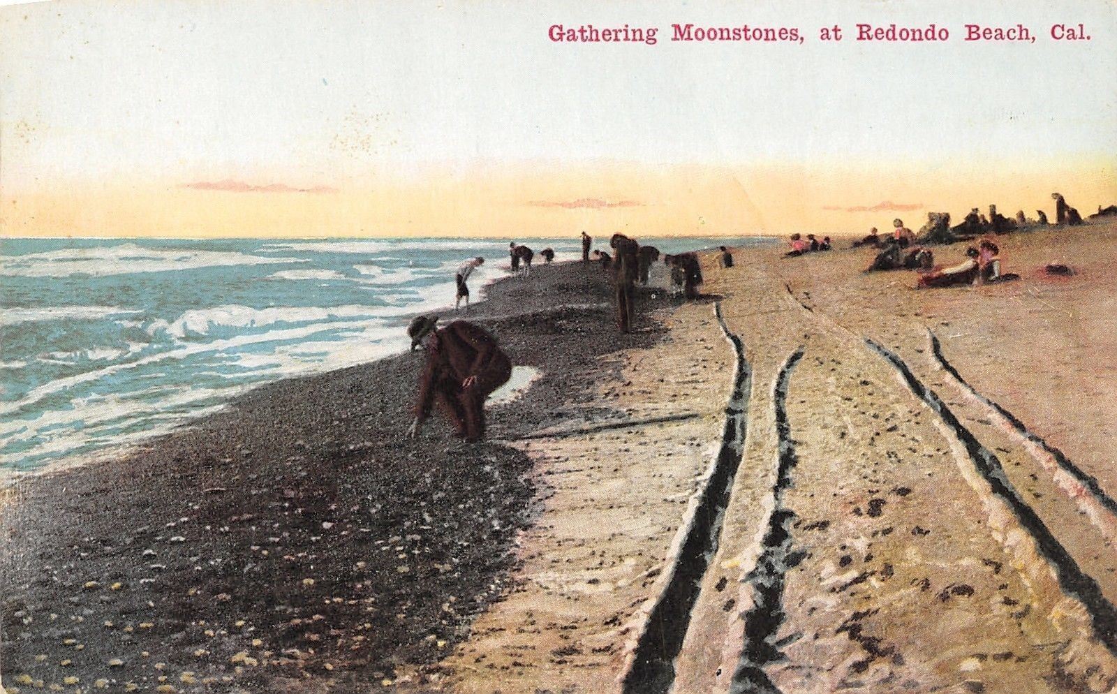 Redondo Beach California~Men Gathering Moonstones~Tire Tracks~1908 Postcard
