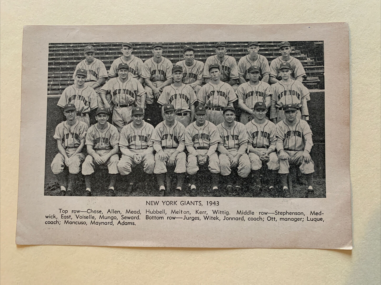 New York Giants Mel Ott Medwick Kerr 1943 Baseball Publication Team 5X7 Picture