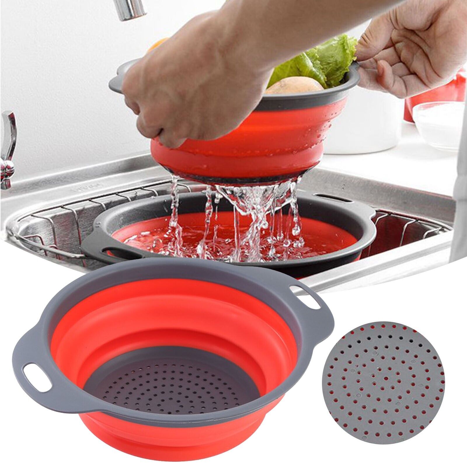 Kitchen Collapsible Colander Round Silicone Foldable Fruit Vegetable Strainer AU