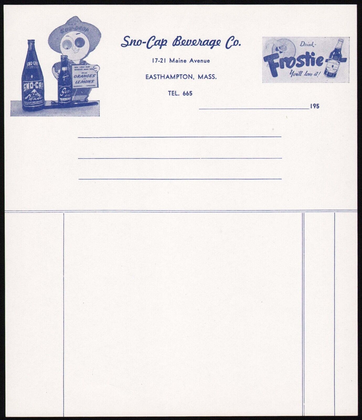 Vintage receipt SNO-CAP BEVERAGE Frostie Root Beer dated 1950s Easthampton Mass