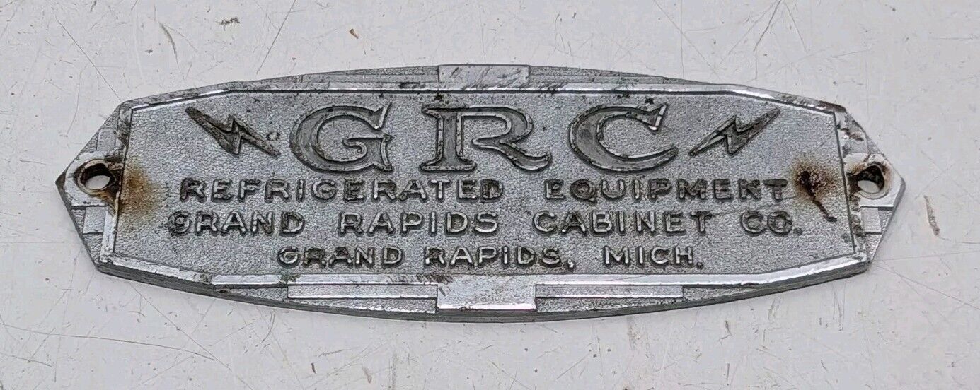 Vintage GRC Grand Rapids Cabinet Co Badge Emblem MI REFRIGERATOR EQUIPMENT TAG