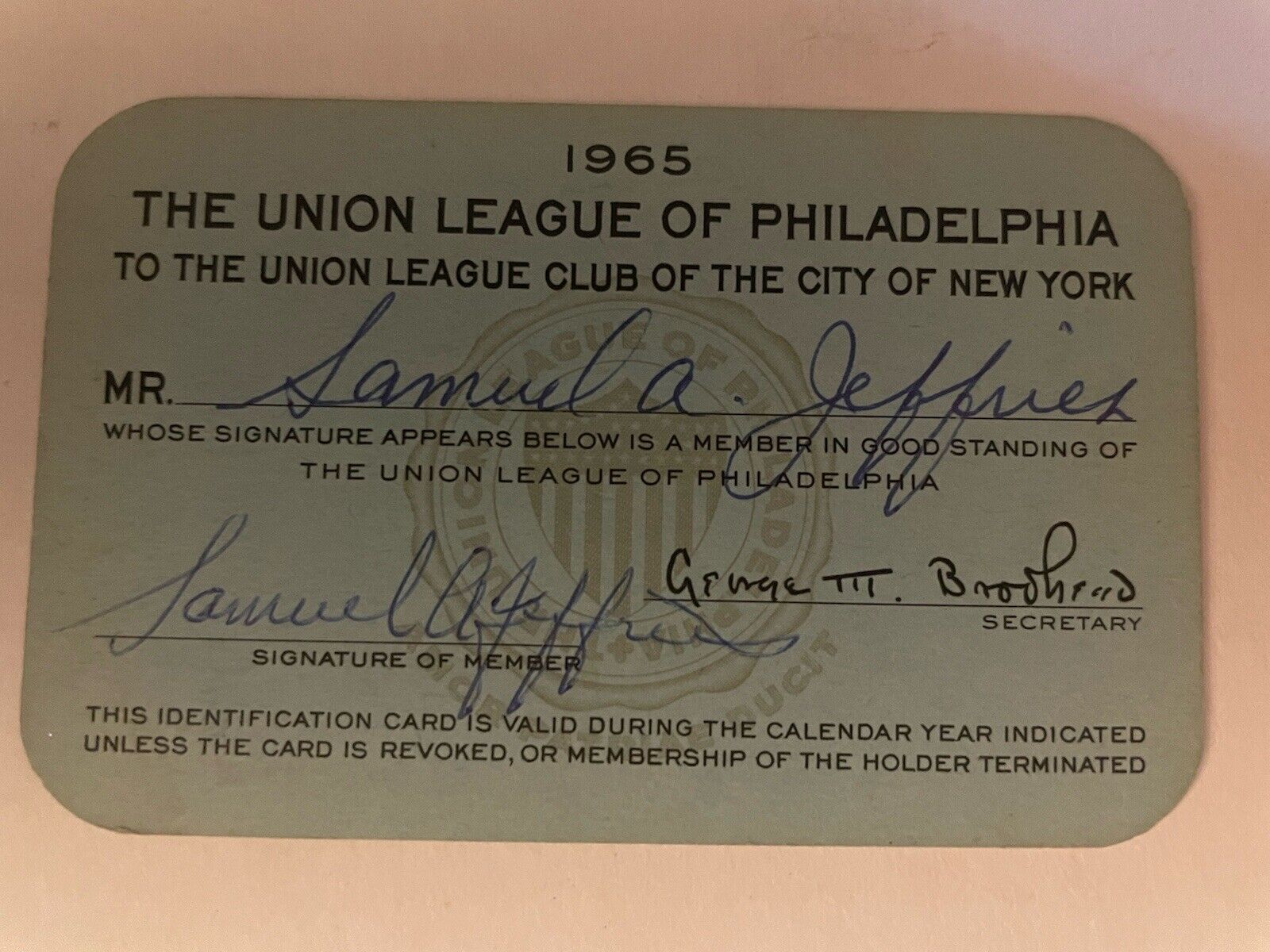 1965 Union League Of Philadelphia Membership Card