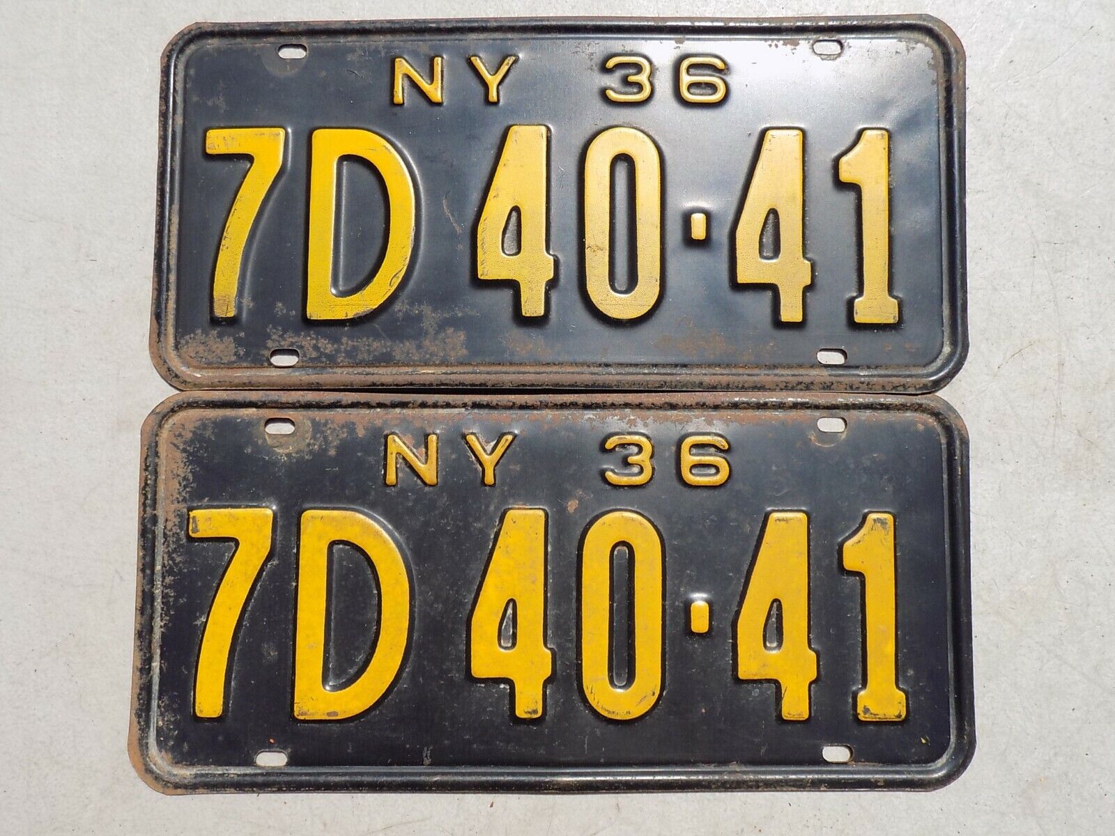 1936 New York Pair of License Plates 7D 40-41 Original YOM DMV Clear for Reg