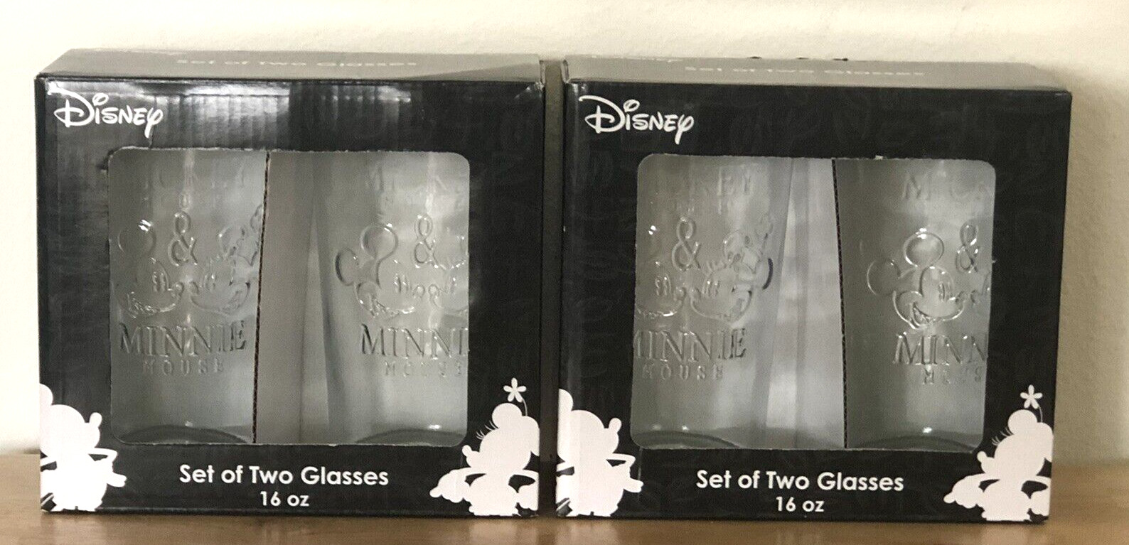 HTF NEW DISNEY JERRY LEIGH MICKEY AND MINNIE MOUSE 16OZ 2 SETS OF 2 GLASSES BOX